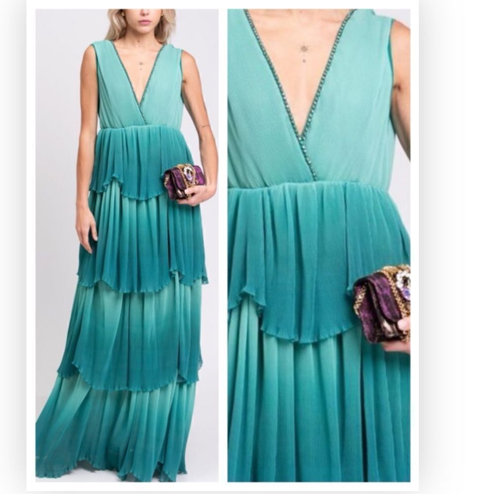 Just Cavalli Roberto Cavalli Green Chiffon Ruffle Tiered Gown S 40 $1450 NWT